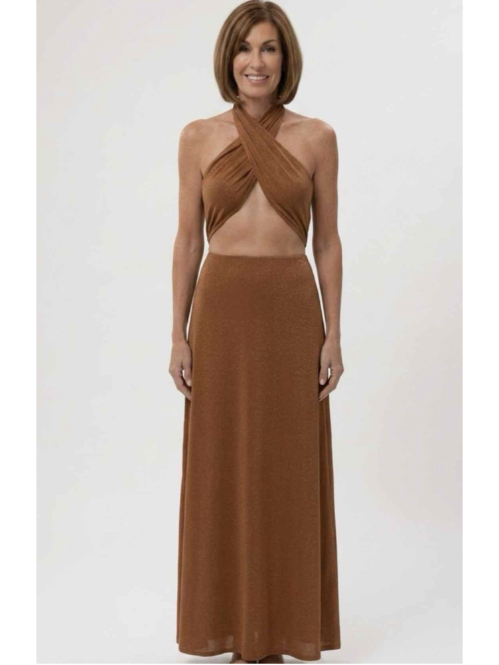AFRM Balmer Bronze Metallic Ruched Crossover Halter Maxi Dress Size XL NWT